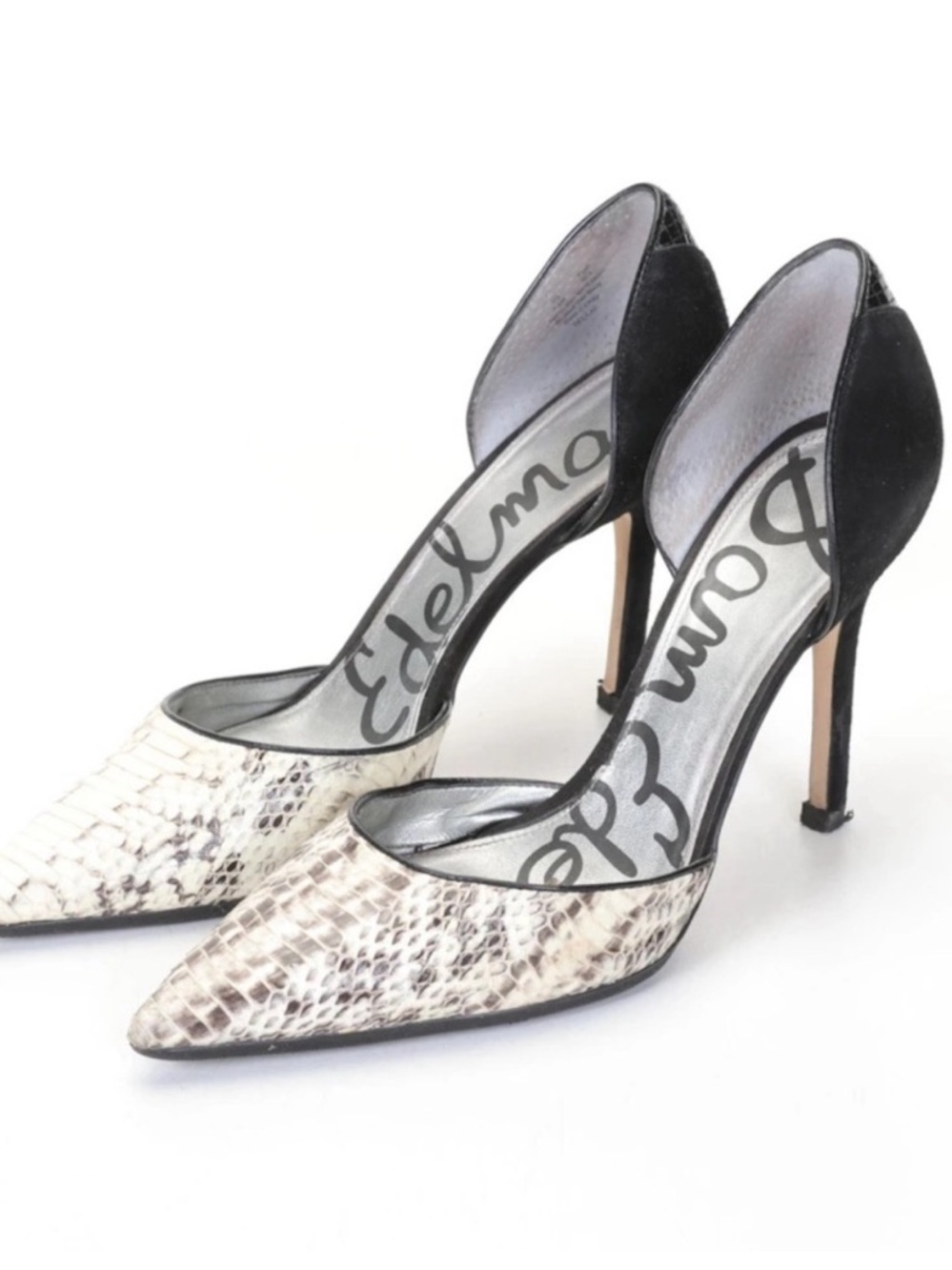 Sam Edelman Black and Cream Snake-Print D'Orsay Pointed Toe Heels
